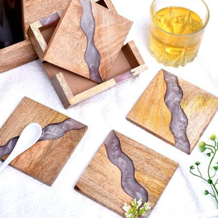 Handmade Purple Epoxy River and Acacia Wood Wood Set of 4 Decorative Table Coasters with Cover